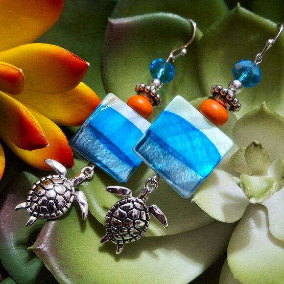 Artisan Hand Crafted Earrings, Turtles Silver Aqua Blue Orange Shell, Pierced - Picture 12 of 12